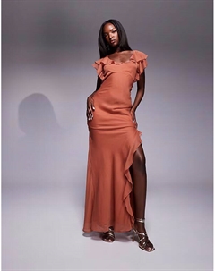 Платье макси с оборками, рукавами-крылышками и разрезом сбоку, оранжево-коричневый Asos design