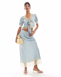 Юбка миди из атласа синего цвета с кружевным подолом Asos design