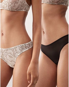 Комплект из 2 трусиков-стрингов из сетчатого кружева, бежевого и черного цветов Weekday