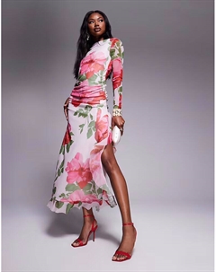 Платье макси с длинными рукавами, оборками и розовым цветочным принтом Asos design