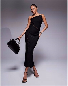 Платье макси на одно плечо с асимметричной отделкой из атласного кружева, черный Asos design