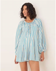 Мини-платье в полоску с круглым вырезом, сборками и объемными рукавами Asos design
