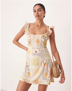 Мини-платье с оборкой спереди и бретельками, с принтом открытки Asos design