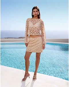 Мини-юбка с цветочным принтом и пайетками, кремового цвета, связанная крючком Asos design