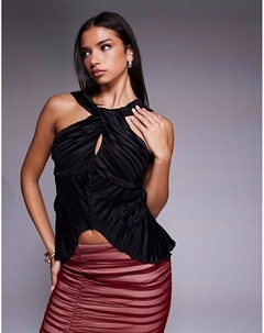 Топ с плиссированной бретелью через шею, узлом и разрезом, черный Asos design