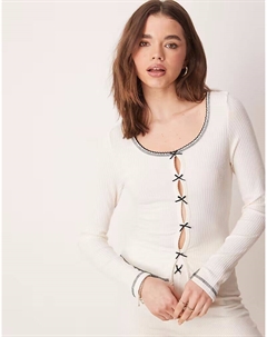 Пижамный кардиган Mix & Match в рубчик с бантом кремового цвета Asos design