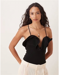 Боди с глубоким вырезом и оборкой, черного цвета Asos design