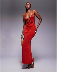 Платье макси красного цвета со сборками спереди, перекрестными швами на спине и золотой отделкой Asos design