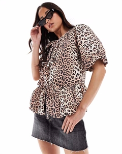 Хлопковый топ с баской и рукавами-фонариками с леопардовым принтом Asos design