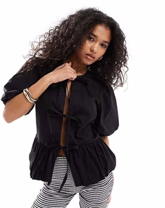 Хлопковый топ с баской и рукавами-фонариками черного цвета Asos design