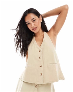 Джинсовый жилет с завязкой на шее и воротником-халтером, песочного цвета Asos design