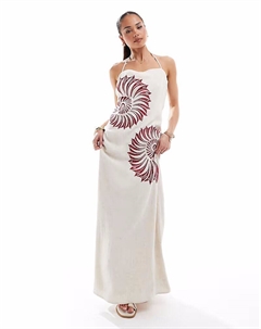 Длинное платье из льняной смеси коричневого цвета с вышивкой и воротником-халтер бежевого цвета 4th & reckless