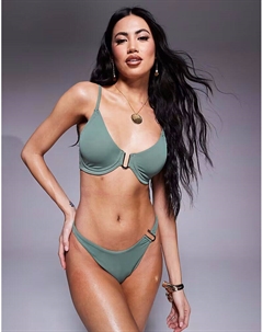 Бикини-топ Ella на косточках с золотой отделкой спереди цвета хаки Asos design