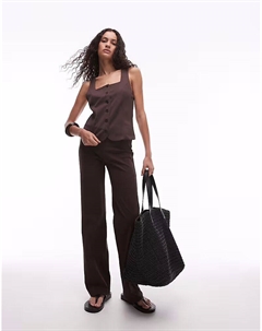 Брюки-стрейч с резинкой на талии шоколадного цвета Mango