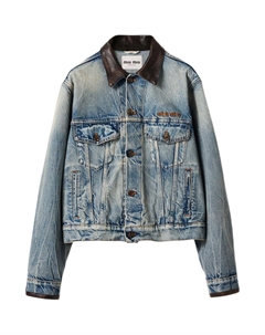 Кожаный воротник джинсовая куртка, светло-голубой Miu miu