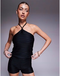 Топ-халтер, выполненный в черном цвете, с волнистым ребристым узором и золотой отделкой Asos design