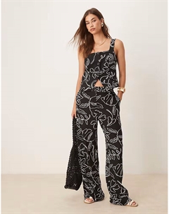 Брюки Coord из смеси льна и монохромного рисунка черного цвета Mango