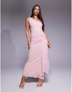 Длинное кружевное платье на одно плечо с завязанной юбкой розового цвета Asos design