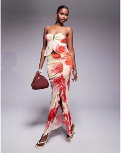 Юбка макси из сетки с разрезами по бокам, оборками и желтым и розовым цветочным принтом Missyempire