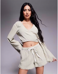 Пляжные шорты Callie из марли с бахромой, цвет шалфея Asos design