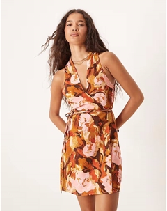 Мини-платье с запахом и завязкой, коричневого цвета с цветочным принтом Asos design