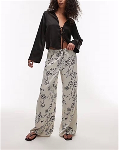 Атласные брюки с цветочным принтом и завязками на резинке черного цвета Topshop