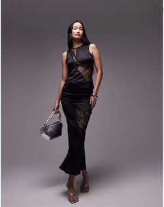 Юбка макси из смеси атласа и кружева, черного цвета Topshop