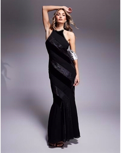 Платье макси с воротником-борцовкой, бархатными вставками и годетами, черное Asos design