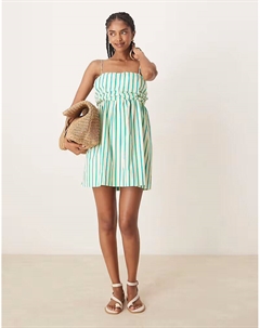 Мини-платье-бандо на пуговицах с присборенным бюстом в сине-желтую полоску Asos design