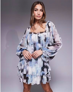 Мини-платье с необработанными краями, вставками, рукавами-блузонами и абстрактным принтом Asos design