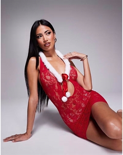 Кружевное платье Christmas Winter Wonderland с отделкой из искусственного меха красного цвета Ann summers