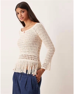 Вязаный крючком джемпер скрытыми плечами и бахромой по краю, серо-бежевый Asos design