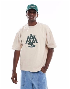 Футболка свободного кроя плотного бежевого цвета с прорезиненным принтом на груди Asos design