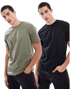 Набор из 2 футболок с круглым вырезом Essentials цвета хаки и черного цвета Asos design