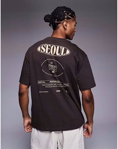 Свободная футболка с принтом Сеула темно-коричневого цвета Asos design