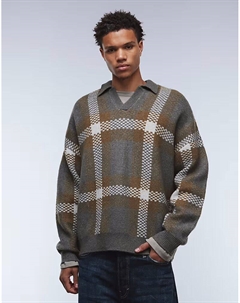 Свободный трикотажный джемпер-поло с вырезом-стойкой в серую клетку Asos design