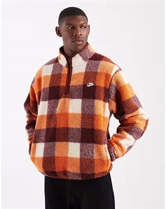 Флисовая кофта Club с короткой молнией в оранжево-коричневую клетку Nike