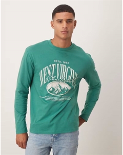 Свободная футболка с длинными рукавами и университетской графикой зеленого цвета Asos design