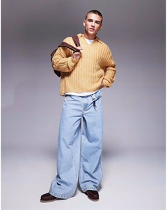 Свободный трикотажный джемпер с рельефной отделкой и открытым вырезом в песочном цвете Asos design