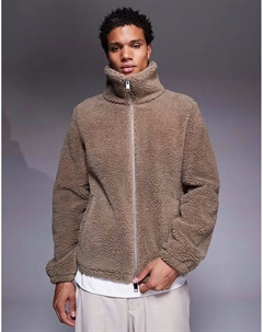 Свободный свитшот с воротником-стойкой и молнией из искусственного меха бежевого цвета Asos design