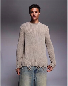 Свободный трикотажный джемпер с круглым вырезом и необработанным краем цвета кремовый Asos design