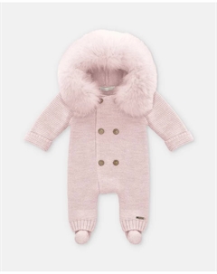 Вязаный детский комбинезон с капюшоном и искусственным мехом розового цвета Martin aranda