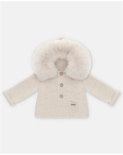 Вязаное детское пальто с капюшоном и искусственным мехом цвета песка Martin aranda