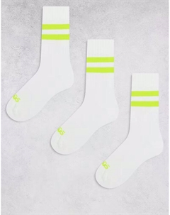 3 пары беговых носков с двумя полосками, эластичной поддержкой свода стопы и антибактериальной отделкой, белые с неоново-желтой полосой 4505