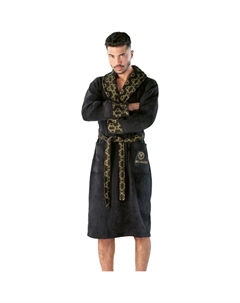 Мужской халат Raffaele, идеальный для сауны и СПА, гостиничный халат, утренний халат, 1 шт., золотистые велюрово-жаккардовые детали на рукавах, воротнике и поясе, черный Carlo colucci
