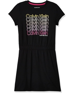 Платье для девочек с короткими рукавами, логотипом, эластичной резинкой на талии и внутренней отделкой без бирки, Black Stacked Calvin klein