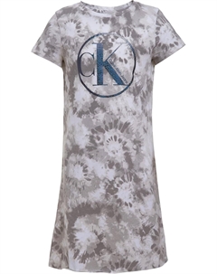 Платье-футболка с короткими рукавами для девочек, фасон пуловер с круглым вырезом, логотипом, White Dye Calvin klein