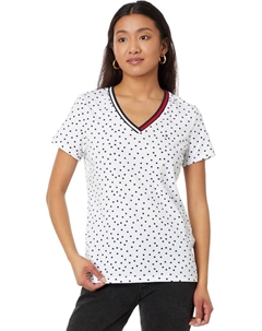 Женские топы с коротким рукавом - хлопковые рубашки для женщин с V-образным вырезом и логотипом, Bright White/Sky Captain Tommy hilfiger