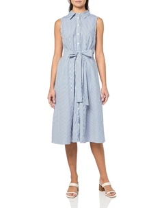 Женское платье-рубашка миди без рукавов с воротником, пуговицами спереди и завязкой на талии, Marina Blue/Bright White Tommy hilfiger