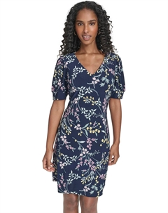 Женское мини-платье с короткими рукавами-фонариками, V-образным вырезом и цветочным принтом, Sky Captain/Ballerina Pink Tommy hilfiger